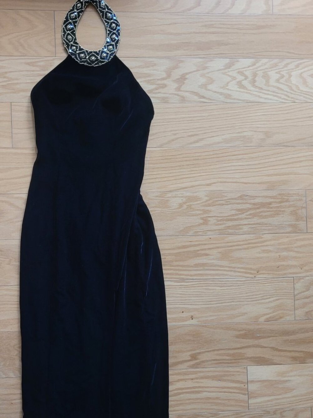VTG Y2K Black Velvet Zum Zum Golden Chocker Neck Dress Side Slit 5/6